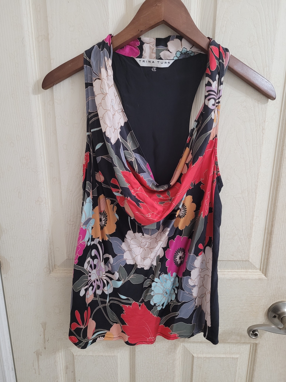 Trina Turk Black Floral Cowl Neck Sleeveless Top